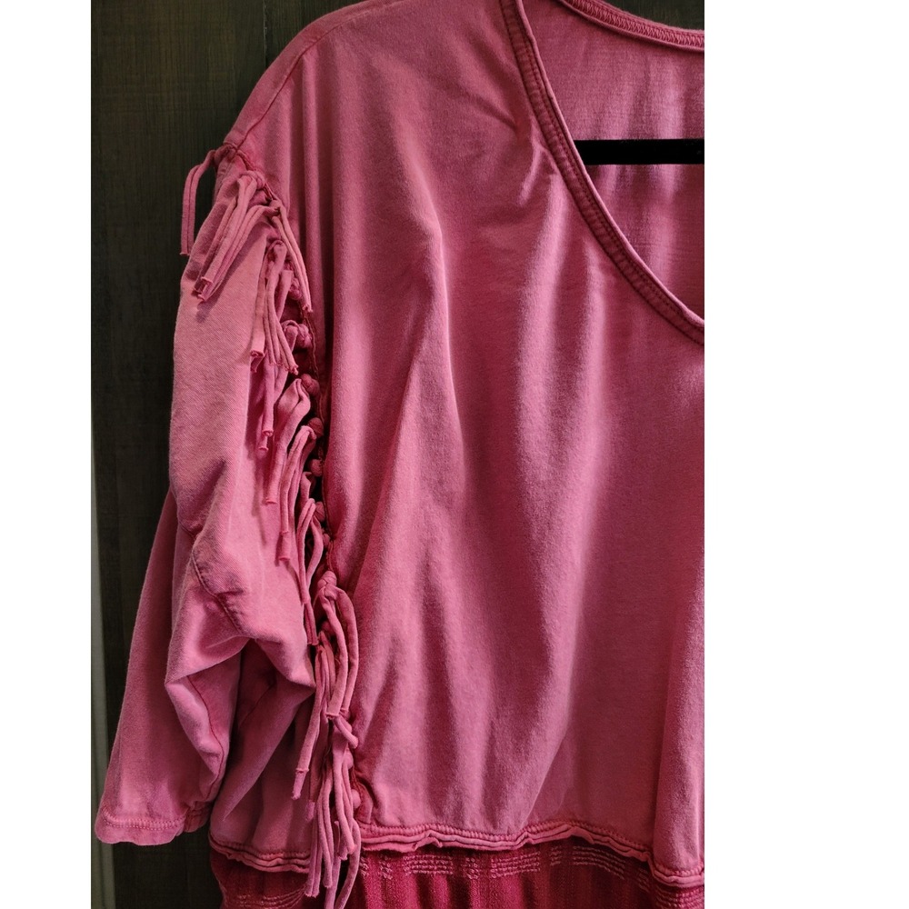Free People Mixed Media Fringe V-Neck‎ Top Pink Burgundy Boho XS - Picture 6 of 14